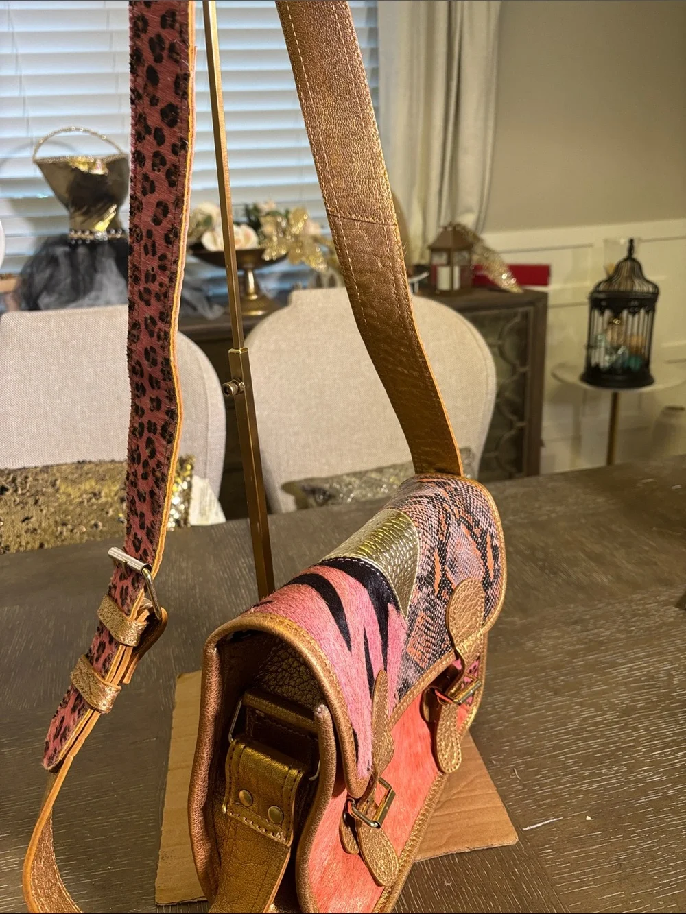 Paul Marius LaSacoche Leathe Gold-Trim Pink Patchwork Animal Print Crossbody Bag